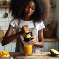 a black lady squeezing a mango juice at home from a glass cup